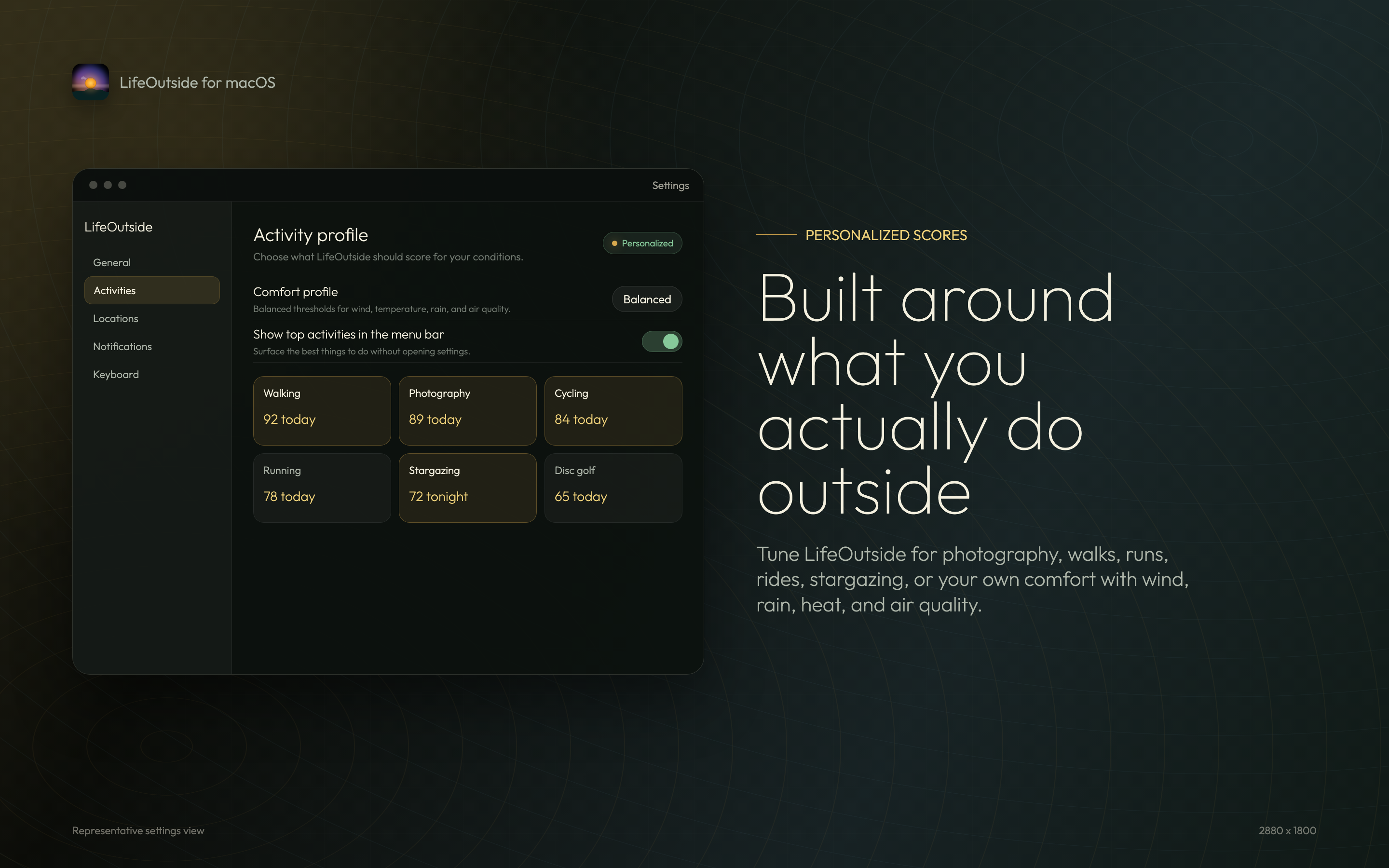 OutsideWindow activity settings screenshot