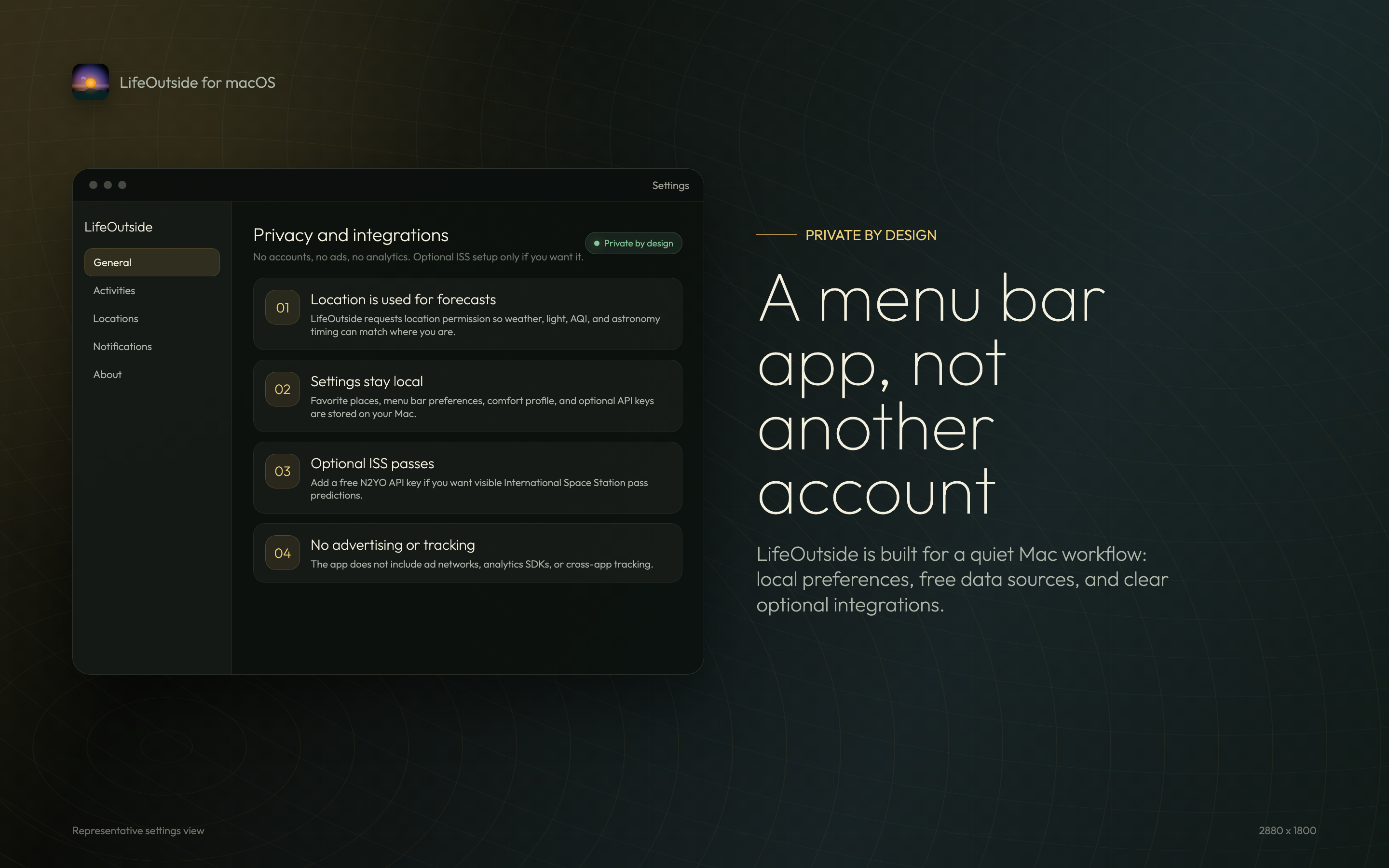 OutsideWindow privacy and integrations screenshot